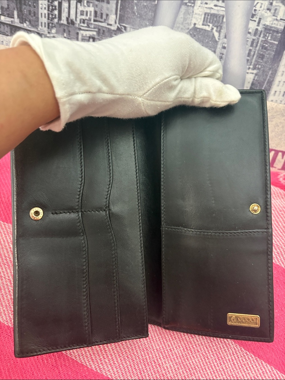 Gucci Black GG Monogram Continental Wallet with Gold Double G - Picture 9 of 15